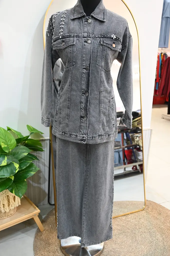 Two Piece Jeans Set - Gray